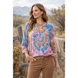 Suzy D London NWT 100% Linen Tie Dye V Neck Top Pink Blue Tan- S/M